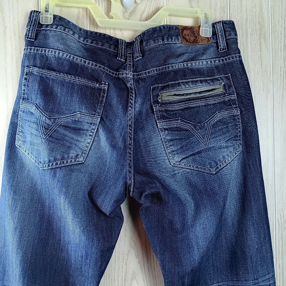 Helix Jeans Mens Size 36x34 Bootcut Blue Denim Whiskered Distressed.  - Picture 8 of 16